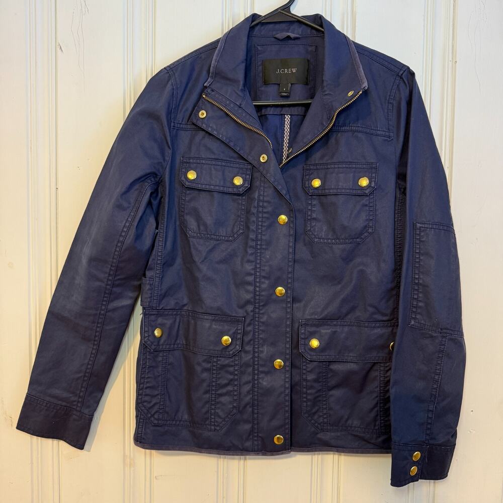 J. Crew Waxed Jacket Women's Size S Downtown Field Style Coat Navy Blue and gold